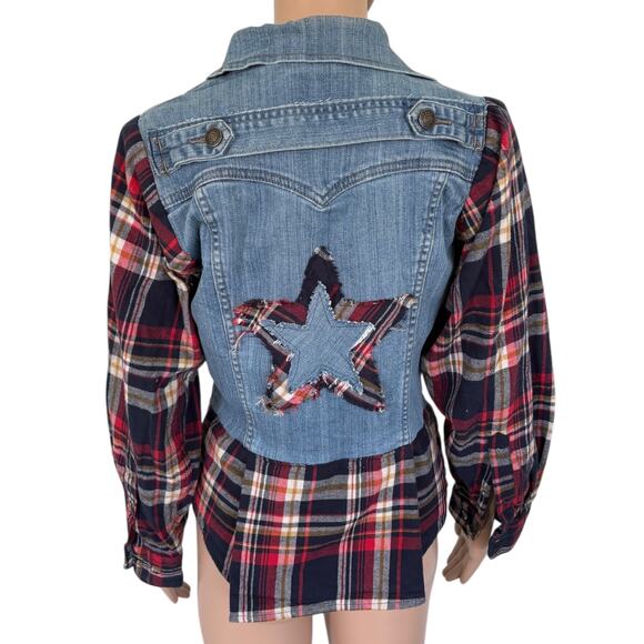 Upcycled Denim Plaid Jacket Star Patch Grunge Western Boho Fall Layer S Rustic - Picture 1 of 7